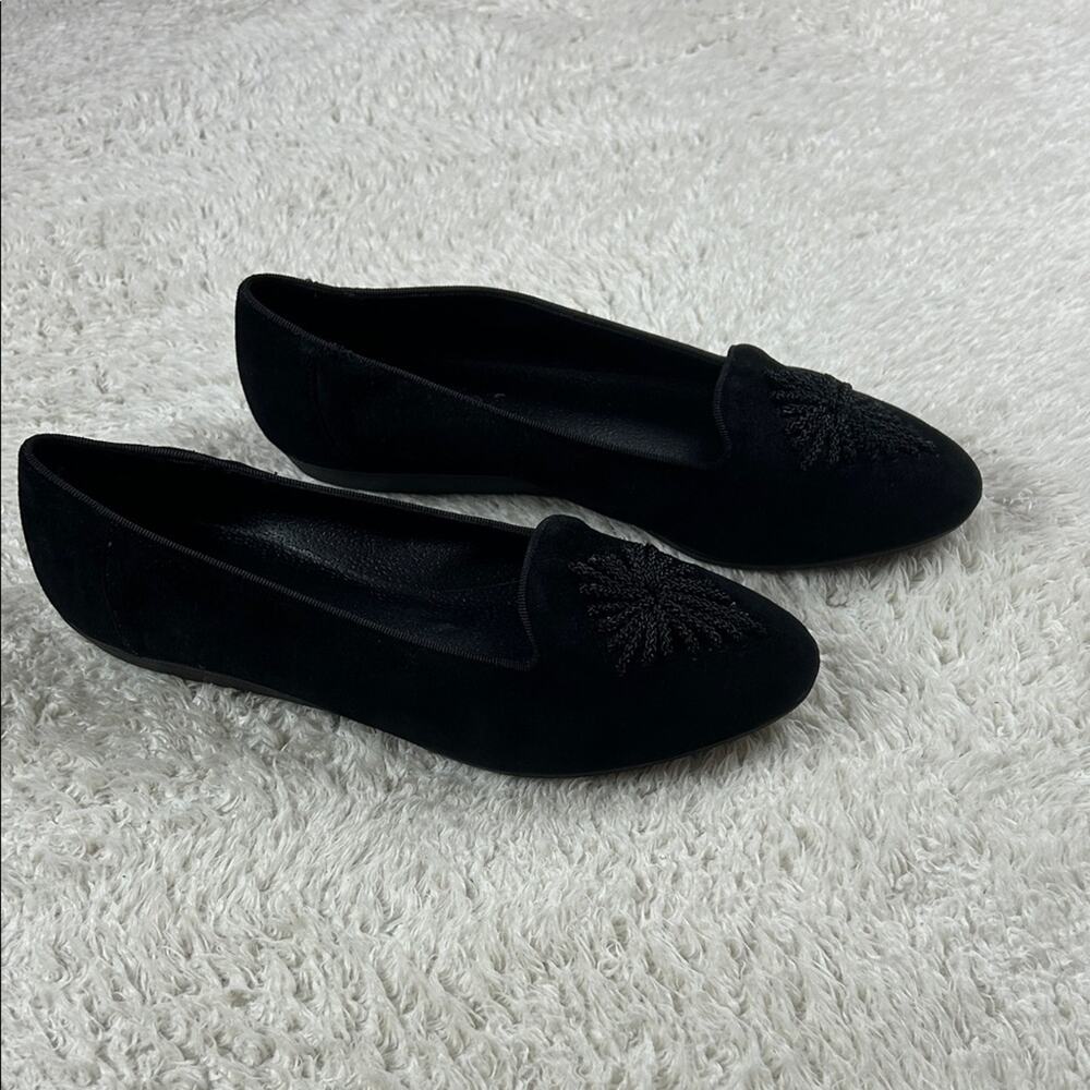 Vintage 90s Snap by Calico black‎ suede and embroidery pointed toe flats, size 8